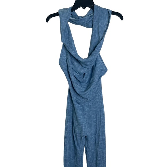 Blue Knit Cowl Neck Hoodie Style Sheer Jumpsuit - Picture 6 of 11